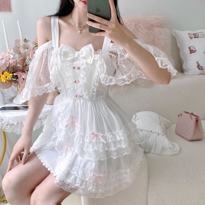 taobao agent With Xia Castle Girl Dress French Sweet Fairy Bowle Lace Faculture Atmosphere, two -color skirt