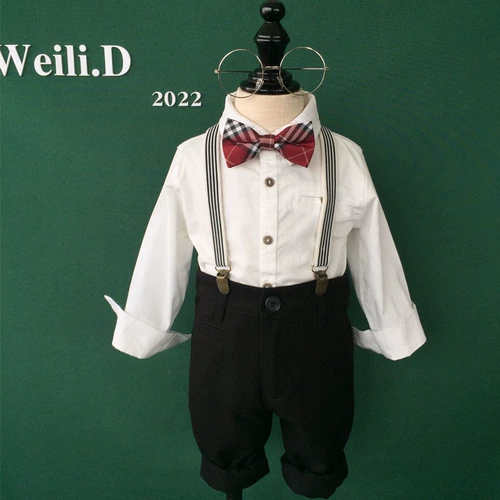 Детская рубашка, платье, осенний демисезонный комплект для мальчиков, черные подтяжки, штаны, костюм