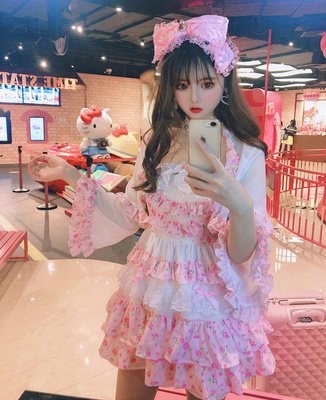taobao agent Fresh tube top for princess with bow, cardigan, set, dress, french style, floral print