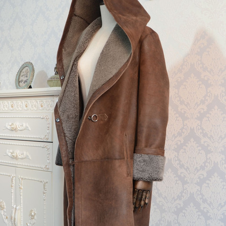 出口订单美利奴连帽皮毛一体宽松大版大码中长款女款皮草外套