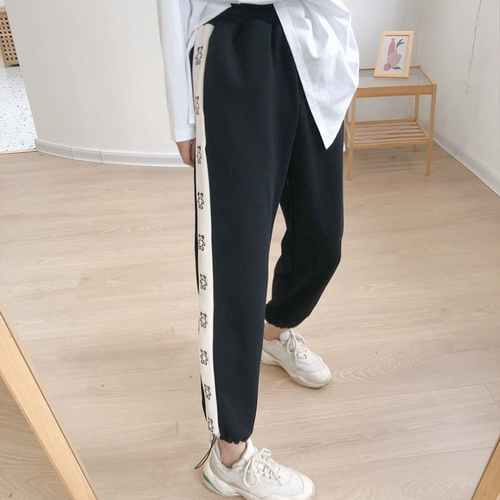 Дизайнерские штаны, коллекция 2021, в корейском стиле, осенние, эластичная талия, на шнурках, с вышивкой, тренд сезона