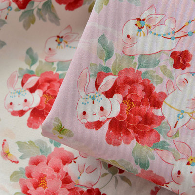 taobao agent Pure cotton veil printed and dyeing cartoon handmade clothing red cotton cloth Chinese bunny year New Year cloth peony jade rabbit