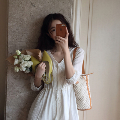 taobao agent Lace retro dress, long skirt, with short sleeve