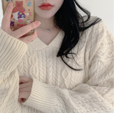 taobao agent Scarf, retro knitted sweater, for girls, V-neckline