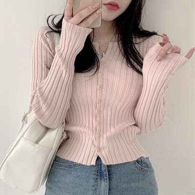 taobao agent Knitted top, solid sweater, cardigan, V-neckline, long sleeve