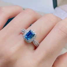 кольцо 天然伦敦蓝托帕 925纯银镶嵌简约复古宝石指环节日礼物女