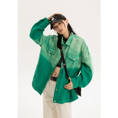 taobao agent Genuine sexy retro green denim jacket, autumn top, American style, gradient