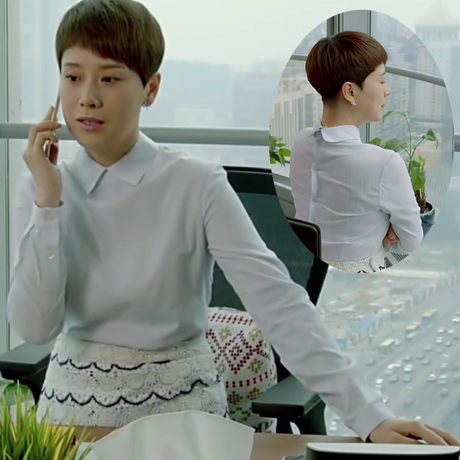 2016秋小别离海清文洁明星同款韩版修身背扣立领女式浅蓝衬衫衣