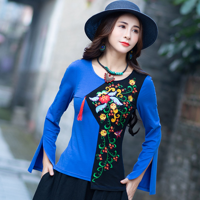 taobao agent Ethnic autumn retro top, megaphone, ethnic style, 2020, with embroidery, long sleeve