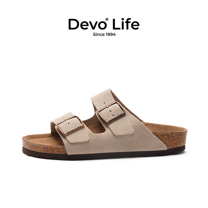 Devo Life 的沃 男女同款 反绒牛皮软木凉拖鞋 双重优惠折后￥179.1包邮 淘金币可抵扣3.5元 可凑单满599-60 88VIP会员还可9折