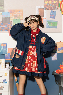 taobao agent Genuine denim jacket, shorts, with little bears, American style, loose fit, with embroidery