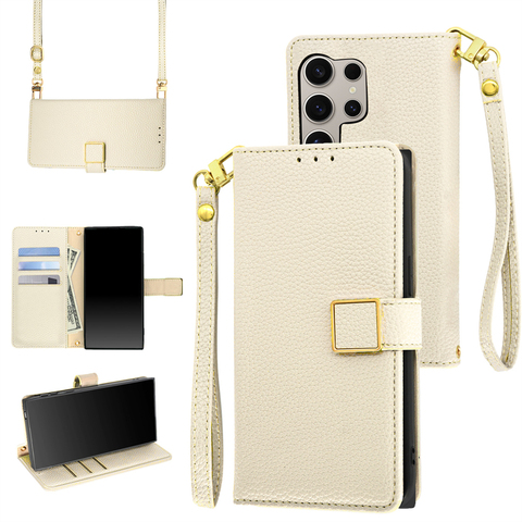 Gray Synthetic Leather Wallet with Lanyard Strap Samsung Phone Case