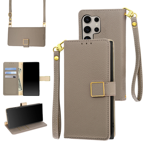 Gray Synthetic Leather Wallet with Lanyard Strap Samsung Phone Case