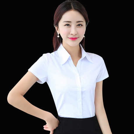 衬衫女短袖职业装正装衬衣打底修身v领工装工作服ol女装大码白色
