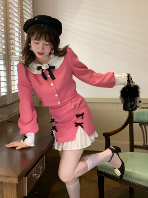 taobao agent Mori Women's Department wants to go to the beach, Taoist original Yuanqi powder doll collar short suit jacket half skirt