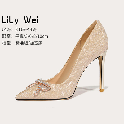 taobao agent Lily wei champagne gold high heel rhinestone bowltainettoe feast shoes large size women's shoes 41 43