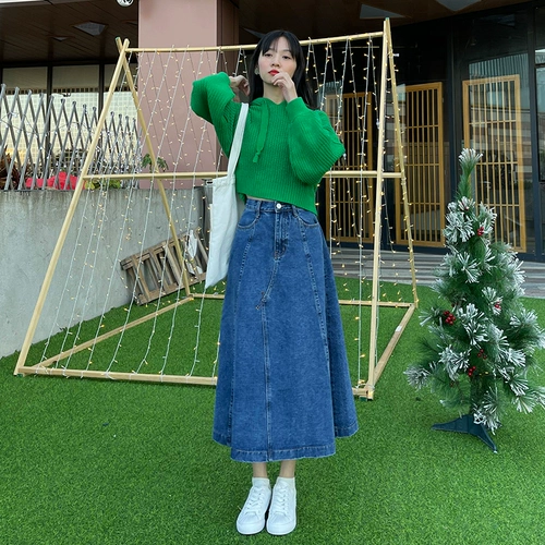 Длинная осенняя джинсовая юбка, средней длины, 2023, в корейском стиле, А-силуэт, высокая талия