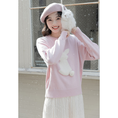 taobao agent Fuchsia rabbit, demi-season Japanese sweater, knitted top, round collar, 2023 collection, suitable for teen, western style