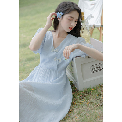 taobao agent Advanced sexy summer dress, fitted brace, long skirt, puff sleeves, V-neckline, maxi length