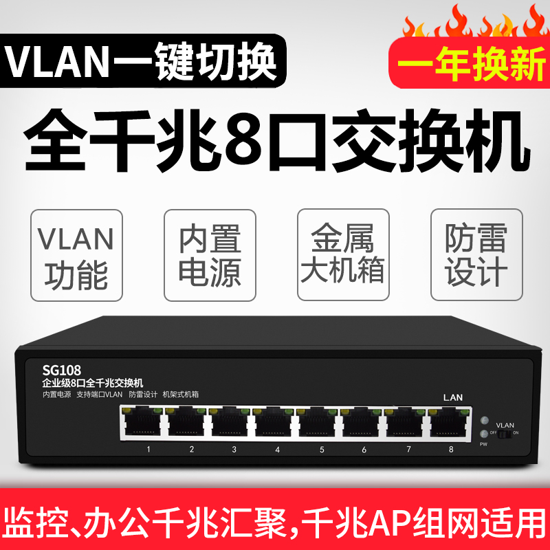 千兆交换机8口网络监控宽带铁壳企业级 一键VLAN家用宿舍分流器