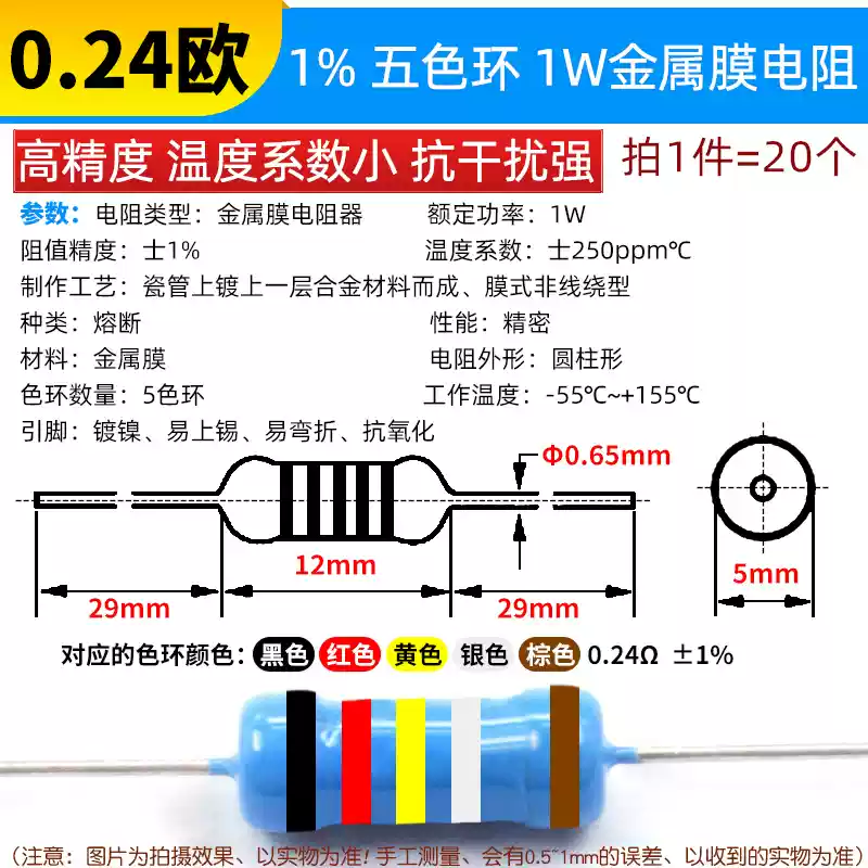 Phần tử điện trở màng kim loại 1W Vòng năm màu 1% 1K 2k 10K 100 ohm 1M3K22 ohm 4.7K47K20