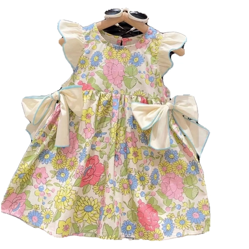 Летний наряд маленькой принцессы с бантиком без рукавов, платье, в западном стиле, цветочный принт, в корейском стиле