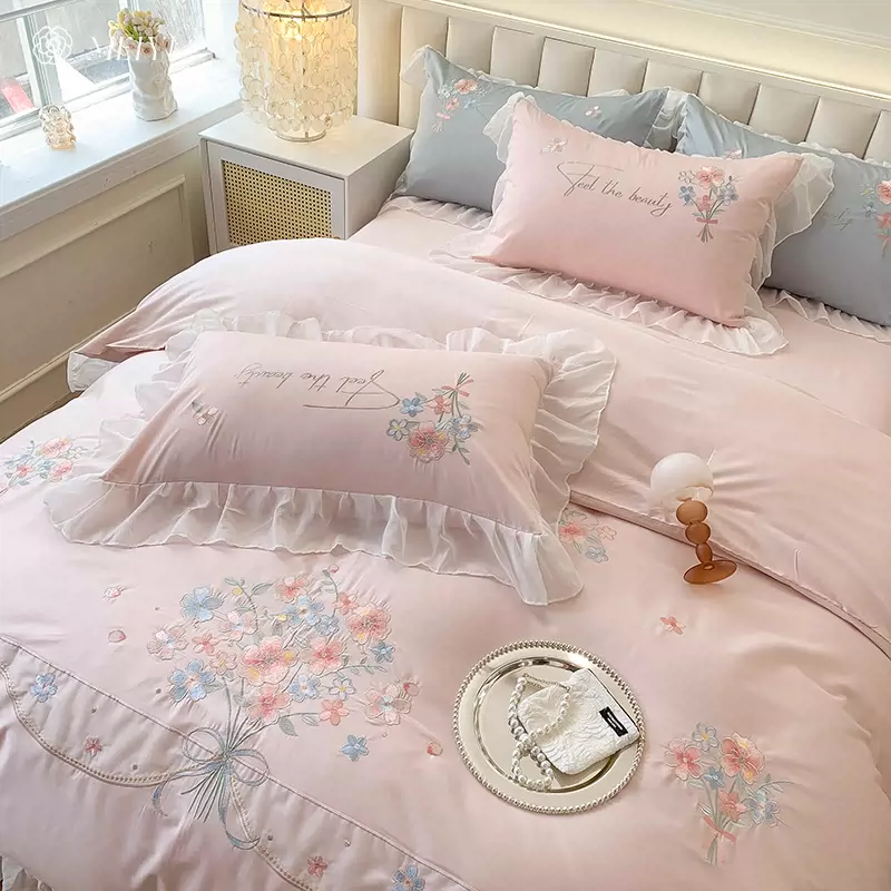轻奢高档绣花120支长绒棉四件套全棉被套小清新2022新款床上用品- Taobao