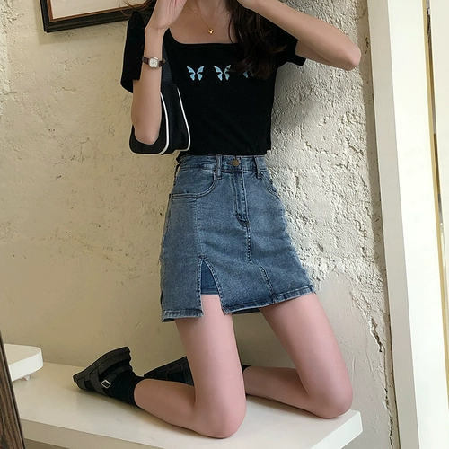 Джинсовая летняя эластичная джинсовая юбка, высокая талия, в корейском стиле, по фигуре, с акцентом на бедрах