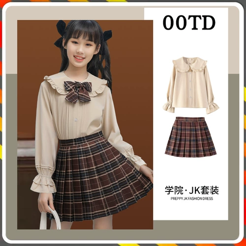 Детский комплект, лонгслив, униформа, осеннее платье, юбка в складку, осенний, популярно в интернете