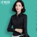 Phụ nữ mới 2021 phiên bản Hàn Quốc của cổ áo đứng chữ v cổ đứng màu đen váy chuyên nghiệp dài tay áo sơ mi trắng mỏng - Áo sơ mi Áo sơ mi