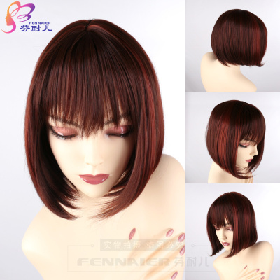 taobao agent Findai's mixed brown European and American style short hair straight hair Ms. fake hair high -temperature silk bangs whole wig spot