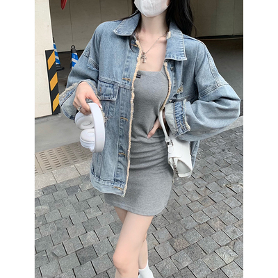 taobao agent Short denim demi-season jacket, top, plus size, autumn, fitted