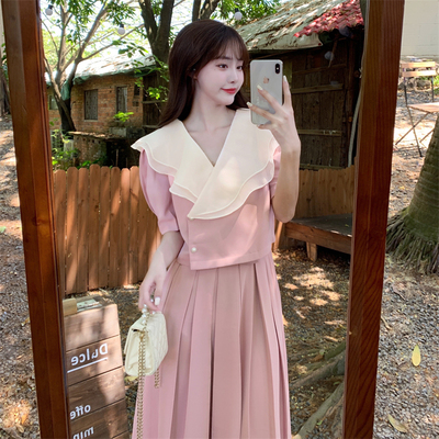 taobao agent Summer clothing, sexy set, pleated skirt, plus size, puff sleeves, high waist