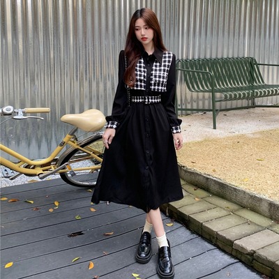 taobao agent Retro set, dress with sleeves, fitted brace, long skirt, plus size, long sleeve, mid-length