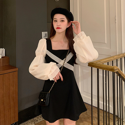 taobao agent Autumn retro dress, fitted brace, plus size, french style, square neckline