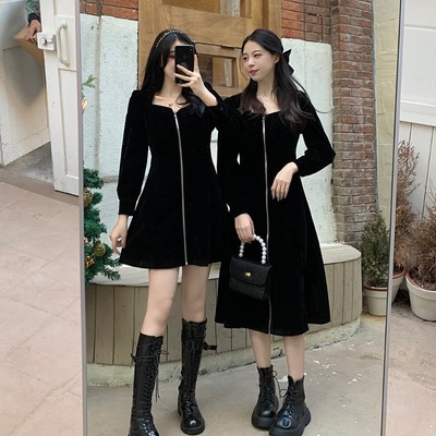 taobao agent Demi-season small dress, plus size, square neckline, autumn, bright catchy style