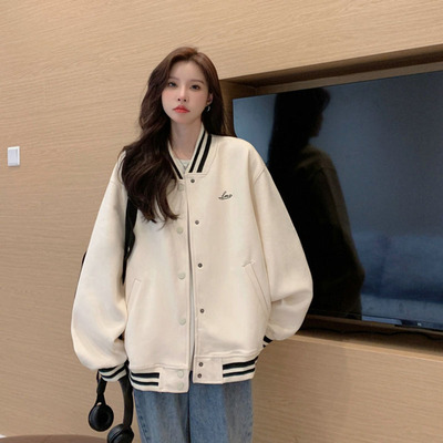 taobao agent Tide, long white baseball uniform, autumn retro jacket, plus size, mid-length, fitted