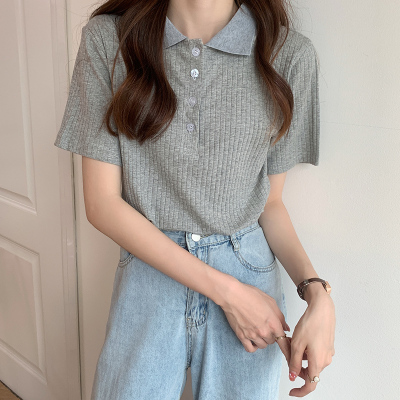 taobao agent Summer short T-shirt, knitted top, plus size, polo collar, with short sleeve, fitted