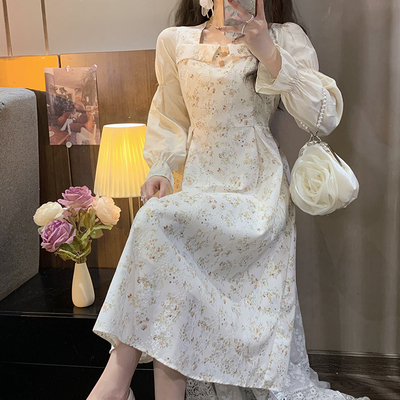 taobao agent Autumn lace autumn dress, plus size, french style, flowered, square neckline