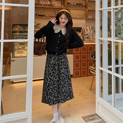taobao agent Sweater, set, lace knitted doll, cardigan, pleated skirt, for plus size ladies, floral print