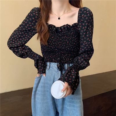 taobao agent Retro shiffon autumn short top, plus size, French retro style, square neckline, long sleeve