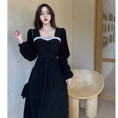 taobao agent Dress, fitted long brace, plus size, french style, square neckline, mid-length