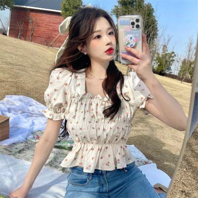 taobao agent Fresh summer short jacket, plus size, square neckline, floral print, with short sleeve