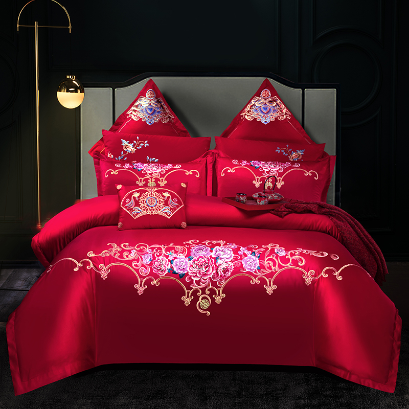 hengyuanxiang all cotton wedding four piece set red bed sheet xi quilt cover wedding room bedding pure cotton wedding bed goods