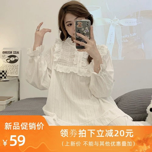 Хлопковая пижама, термобелье, лонгслив, кружевные милые белые штаны, коллекция 2022, осенняя, кружевное платье