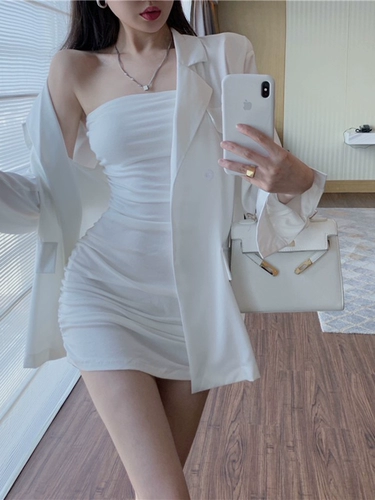 Белый бюстгальтер-топ, осеннее платье, сексуальная юбка, открытые плечи, 2024 года, в обтяжку, с акцентом на бедрах