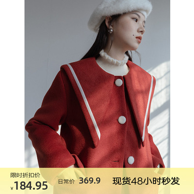 taobao agent Navy long demi-season red woolen coat, mid-length, 2022 collection, suitable for teen