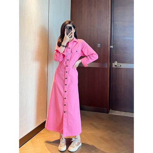 Осеннее розовое платье, длинная юбка, в корейском стиле, средней длины, высокая талия