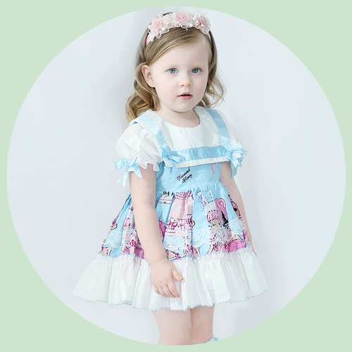 Летнее платье, мини-юбка, юбка, наряд маленькой принцессы, сезон 2021, короткий рукав, европейский стиль, детская одежда, Испания