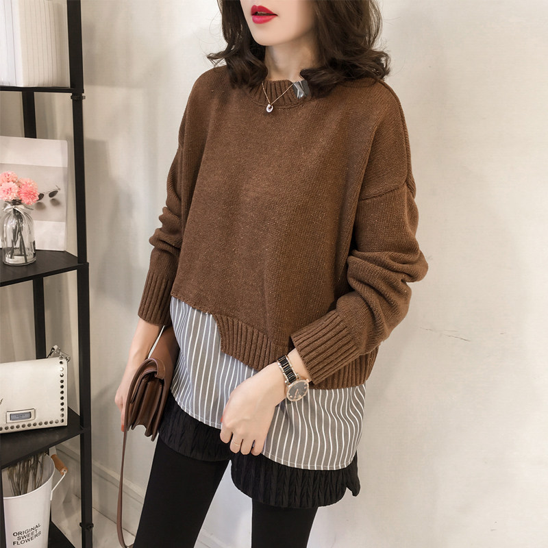 冬季新款时尚条纹拼接假两件毛衣女长袖上衣宽松百搭套头针织衫潮